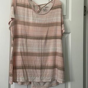 Pink, white and beige stripe shirt.